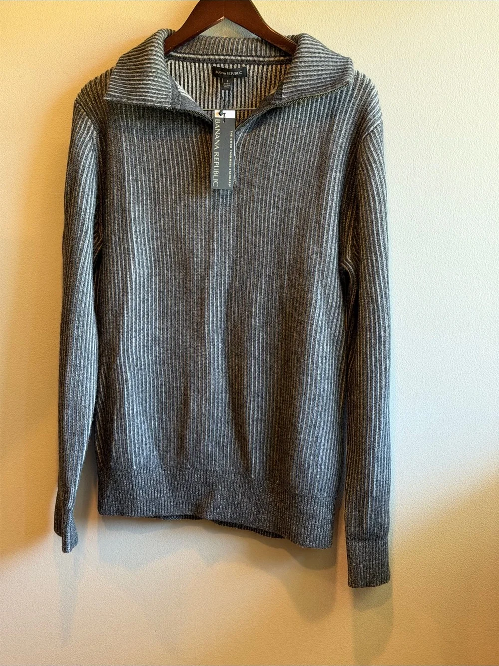 NWT BANANA REPUBLIC RIBBED MERINO HALF-ZIP SWEATER GRAY SMALL